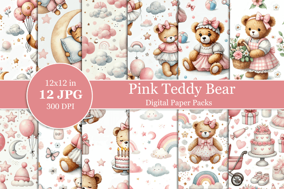 Crafting Whimsical Memories with Pink Teddy Bear Baby Girl Digital Paper