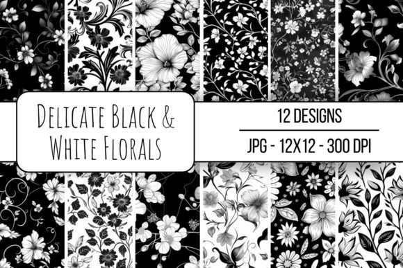 Delicate Black White Florals: Instant Digital Patterns