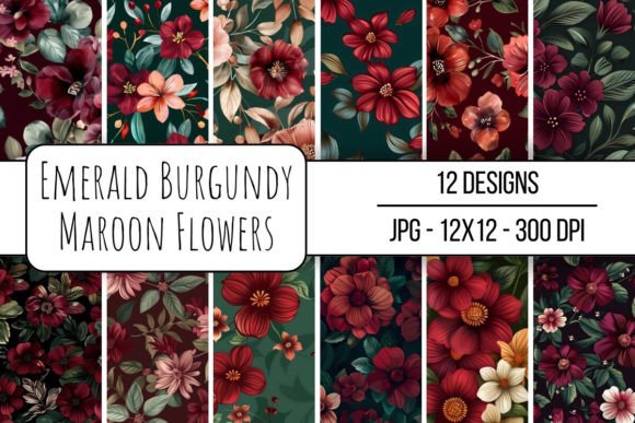 Emerald Burgundy Maroon Flowers Digital Collection