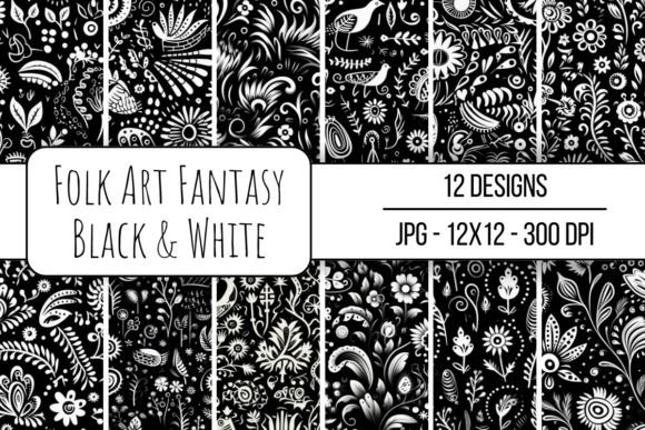 Folk Art Fantasy Black and White for Creative Projects