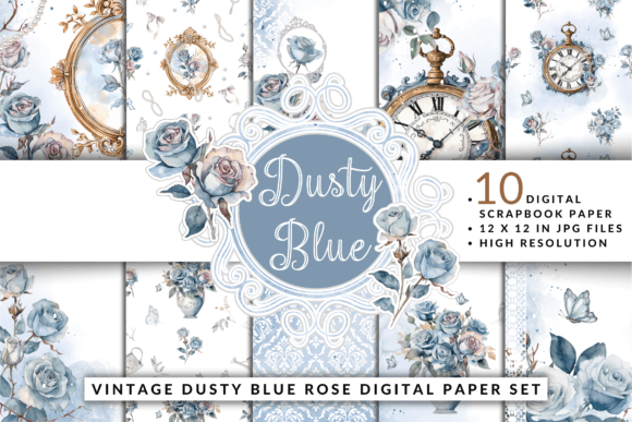 Vintage Dusty Blue Rose Digital Paper