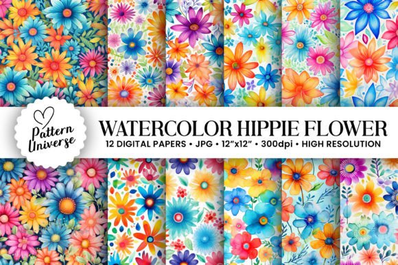 Watercolor Hippie Flowers Digital Papers